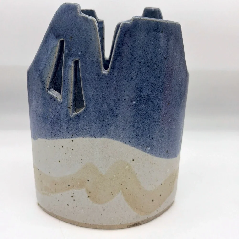 Blue And White Ceramic Pottery Vase Geometric Pierced Design Stamped Mark